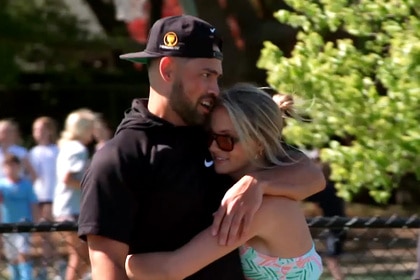 Taylor Green hugs her boyfriend Gaston Rojas on Southern Charm Episode 1002.