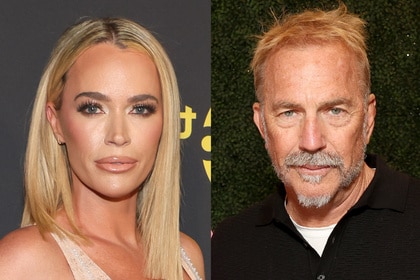 Split of Teddi Mellencamp wearing a gown and Kevin Costner wearing a black tee shirt