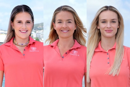 A split of Daisy Kelliher, Diana Cruz, and Danni Warren in their Below Deck Sailing Yacht uniforms