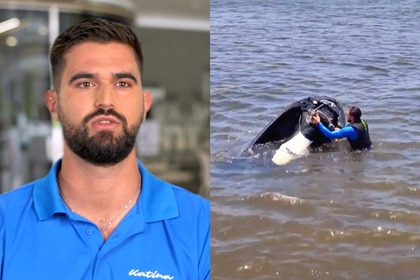 A split of Johnny Arvanitis in his interview clip and in the water next to a jet ski.