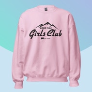 A pink sweatshirt with a quote on it overlaid onto a colorful background.