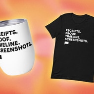 A t-shirt and tumbler with quotes on them overlaid onto a colorful background.