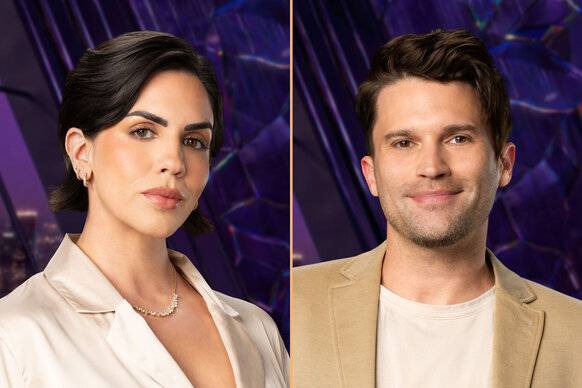 Split of Katie Maloney and Tom Schwartz in front of a purple backdrop.