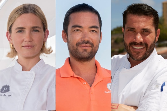 A split of Colin Macrae, Marcos Spaziani, Ileisha Dell in their Below Deck uniform