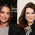 Split of Kyle Richards wearing a black blazer and her hair pulled back and Lisa Vanderpump wearing a black blouse.