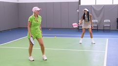 Margaret Josephs and Rachel Fuda playing pickleball together on a court.