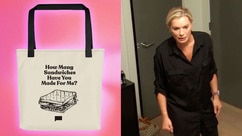 A split of a tote bag with a quote on it and Lindsay Hubbard.