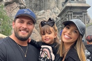 Scheana Shay, Brock Davies, and Summer Moon at smile together at Universal Studios.