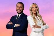 Josh Altman and Heather Altman in front of a purple and pink background.