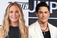 Split of Kate Chastain wearing a black tank top and Tom Sandoval wearing a black shirt and a white blazer