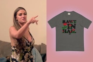 Split of Brittany Cartwright and a grey tee shirt that reads "Rawt In Hail"