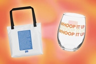 A tote bag and a glass with quotes on them overlaid onto a colorful background.
