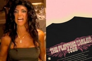 Split of Teresa Giudice doing the Table Flip and a tee shirt that reads the Table Flipping Tour