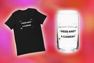 A t-shirt and a glass with quotes on them overlaid onto a colorful background.