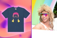 A plit of a blue tee with Kyle Cooke's image on it and Kyle Cooke wearing a wig