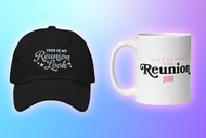 A hat and a mug with quotes on them overlaid onto a colorful background.