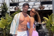 Scheana Marie with her husband Brock Davies outside at a rooftop pool together.