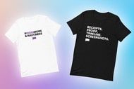 T-shirts with quotes on them overlaid onto a colorful background.