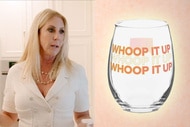 Split of Vicki Gunvalson and a stemless wine glass that reads Whoop It Up