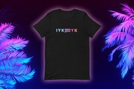 A black Tee shirt with the letters "IYKYK" on it and neon palm trees on it.