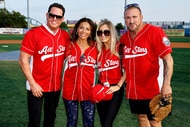 Dolores Catania, Paulie Connell, Frank Catania, and Brittany Mattessich smiling together on a softball field.