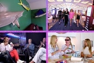 A composite of images from group trips on different Real Housewives franchises separated by purple glitter