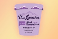 A purple Van Leeuwen Ice Cream pint in front of a sherbert orange background