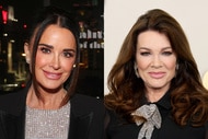 Split of Kyle Richards wearing a black blazer and her hair pulled back and Lisa Vanderpump wearing a black blouse.