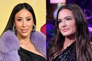 Split of Angie Katsanevas wearing a purple fur and Meredith Marks at WWHL