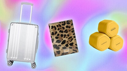 A suitcase, passport holder, and containers overlaid onto a colorful background.
