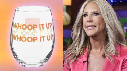 Split of A stemless wine glass in front of orange and purple pastel background and Vicki Gunvalson