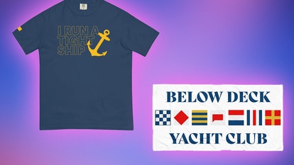 A Below Deck Tee shirt and a Beach Towel on a blue and pink background