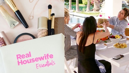 A split of makeup, beauty tools, and a makeup bag, and Gina Kirschenheiter, Heather Dubrow, and Emily Simpson.