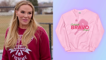 Split of Heather Gay and a pink sweatshirt with a pickleball racquet and Bravo Pickleball League written on it.