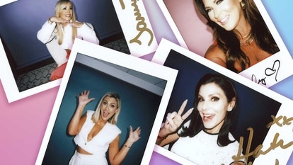 Four signed Polaroid photographs of Tamra Judge, Gina Kirschenheiter, Heather Dubrow and Emily Simpon on a purple gradient background