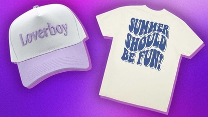 A Loverboy hat and t-shirt on a purple gradient background