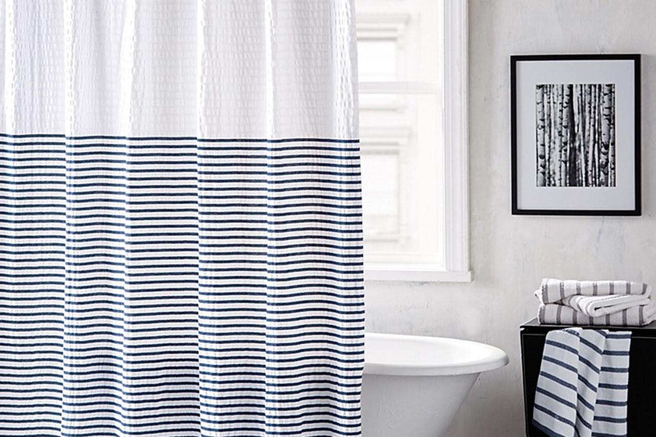 Vintage Gray Striped Shower Curtain at Drop In Bathtub - Transitional -  Bathroom