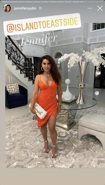 Jennifer Aydin Wears a Plunging Bright Orange Mini Dress | The Daily Dish