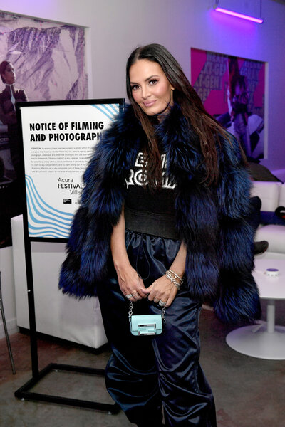 Lisa Barlow wears a blue fur coat at the Acura Festival Village at Sundance Film Festival 2023