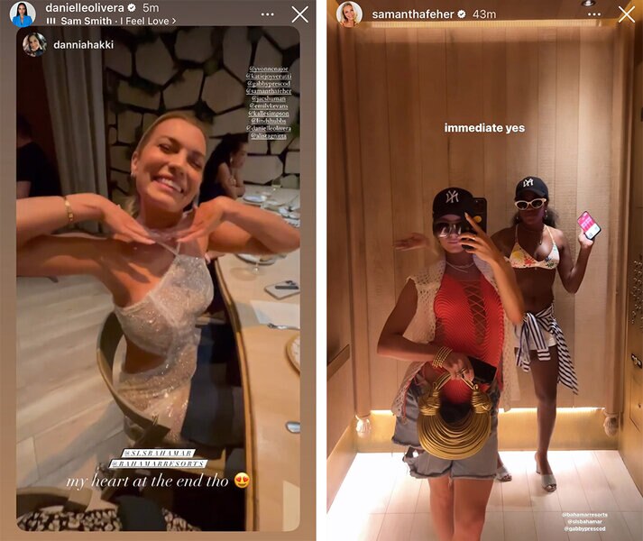 A split of Lindsay Hubbard posing at a table and Samantha Feher and Gabby Prescod in swimwear.