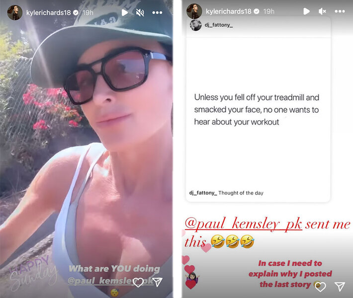 Split of Kyle Richards while on a walk and an instagram post with a meme about working out.