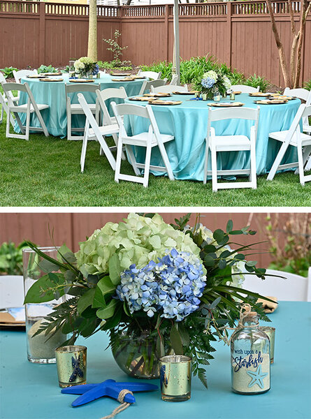 A split of Ashley Darby's housewarming tables and decor.