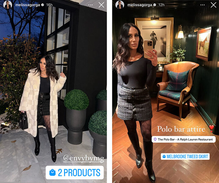 A split of Melissa Gorga's outfit for a night out.