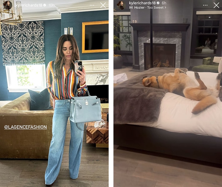 A split of Kyle Richards posing in a mirror and her dog laying on a bed.