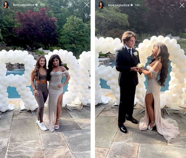 A series of Milania Giudice in her backyard for her prom with her sister and her date.