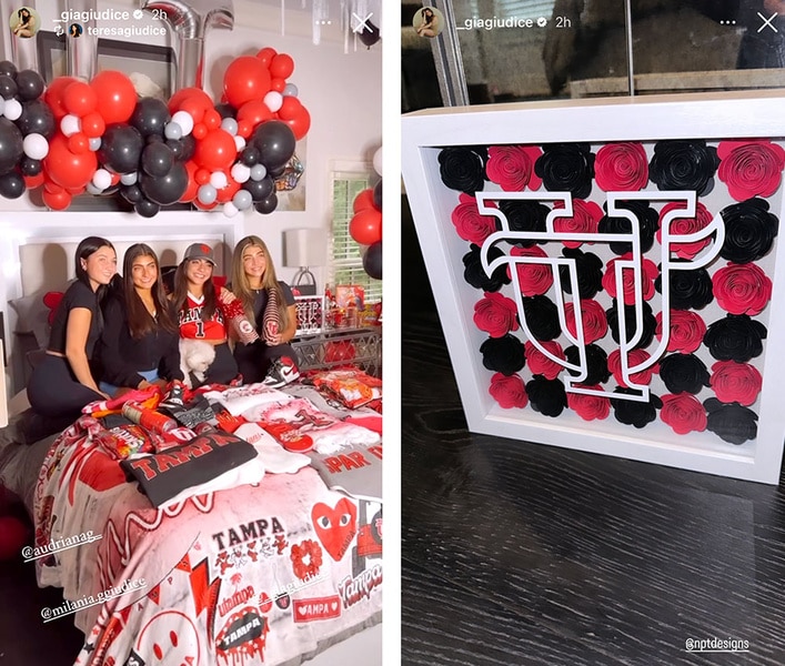 Milania Giudice, Audriana Giudice, Gia Giudice, and Gabriella Giudice on a bed decorated in black and red.