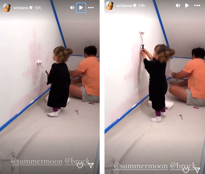 A series of images of Summer Moon and Brock Davies painting a wall together.