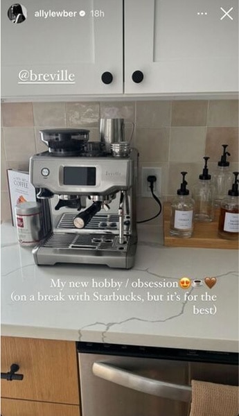 Ally Lewber of Vanderpump Rules posts a photo of her espresso machine to her Instagram Story.