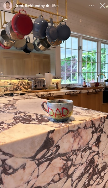 Fredrik Eklund of Million Dollar Listing New York posts a "Dad" mug in his kitchen on his Instagram story.