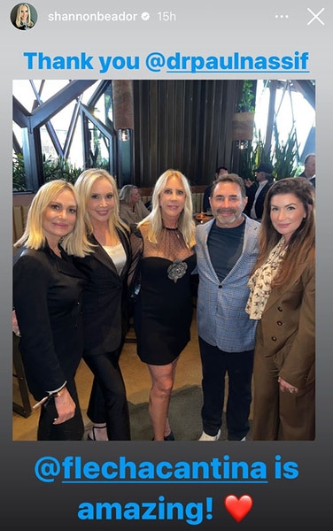 Taylor Armstrong, Shannon Beador, Vicki Gunvalson, Paul Nassif, and Brittany Nassif posing together.